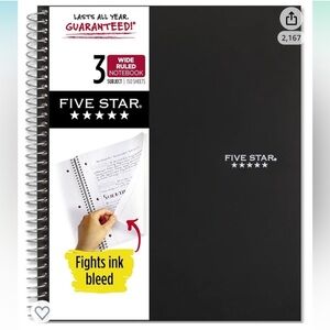 Five Star Spiral Notebook, 3 Subject, Wide Ruled Paper, 10-1/2" x 8", Black
